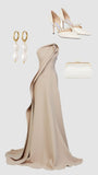 Niulatu Mermaid One Shoulder Champagne Long Satin Party Dresses Prom Dress SD2025