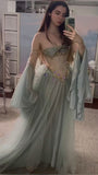 Niulatu Strapless Off The Shoulder Long Sleeves Dusty Green Floor Length Long Prom Dresses HZ1110