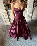 Niulatu A line Spaghetti Straps Burgundy Long Satin Party Dresses Prom Dress SD2024