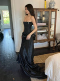 Niulatu Mermaid Strapless Black Long Organza Party Dresses Prom Dress SD2026