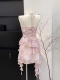 Niulatu Sheath Halter Ruffled Light Pink Short Women's Holiday Summer Dresses SD202