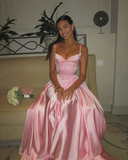 Niulatu A Line Spaghetti Straps Floor-length Satin Long Pink Evening Dress Prom Dresses SD2033