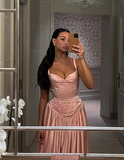 Niulatu A Line Spaghetti Straps Floor-length Satin Long Pink Evening Dress Prom Dresses SD2033