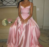 Niulatu A Line Spaghetti Straps Floor-length Satin Long Pink Evening Dress Prom Dresses SD2033
