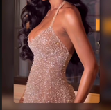 Niulatu Mermaid Halter Neckline Long Sequin Champagne Party Dresses Prom Dress SD2036
