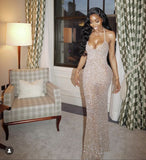 Niulatu Mermaid Halter Neckline Long Sequin Champagne Party Dresses Prom Dress SD2036