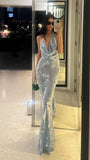 Niulatu Mermaid Halter Neckline Long Sequin Silver Party Dresses Prom Dress SD2037