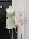Niulatu Sheath Straps Sleeveless Ruffled Sage Green Short Women's Holiday Summer Dresses SD203