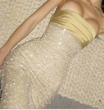 Niulatu Mermaid Strapless Long Yellow Sequin Satin Party Dresses Prom Dresses SD2042