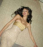 Niulatu Mermaid Strapless Long Yellow Sequin Satin Party Dresses Prom Dresses SD2042