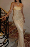 Niulatu Mermaid Strapless Long Yellow Sequin Satin Party Dresses Prom Dresses SD2042