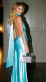Niulatu Mermaid Halter Satin Long Party Dresses Blue Backless Prom Dress SD2044