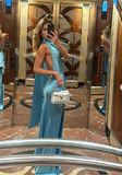 Niulatu Mermaid Halter Satin Long Party Dresses Blue Backless Prom Dress SD2044