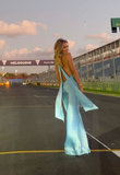 Niulatu Mermaid Halter Satin Long Party Dresses Blue Backless Prom Dress SD2044