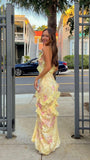 Niulatu Mermaid Spaghetti Straps Floor Length Floral Yellow Chiffon Evening Dress Prom Dresses SD2045