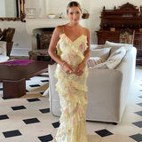 Niulatu Mermaid Spaghetti Straps Floor Length Floral Yellow Chiffon Evening Dress Prom Dresses SD2045