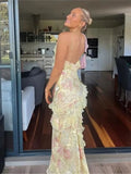 Niulatu Mermaid Spaghetti Straps Floor Length Floral Yellow Chiffon Evening Dress Prom Dresses SD2045