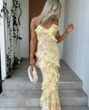 Niulatu Mermaid Spaghetti Straps Floor Length Floral Yellow Chiffon Evening Dress Prom Dresses SD2045