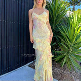 Niulatu Mermaid Spaghetti Straps Floor Length Floral Yellow Chiffon Evening Dress Prom Dresses SD2045