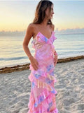 Niulatu Mermaid Spaghetti Straps Floor Length Floral Yellow Chiffon Evening Dress Prom Dresses SD2045