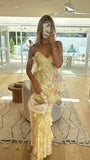 Niulatu Mermaid Spaghetti Straps Floor Length Floral Yellow Chiffon Evening Dress Prom Dresses SD2045