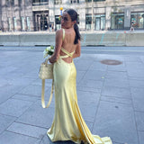 Niulatu Mermaid Spaghetti Straps Floor Length Yellow Evening Dress Backless Prom Dresses SD2047