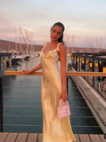 Niulatu Sheath Straps Floor-length Satin Long Yellow Evening Dress Prom Dresses SD2049