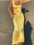 Niulatu Sheath Square Neckline 2 Pieces Floor-length Satin Long Yellow Evening Dress Prom Dresses SD2052
