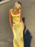 Niulatu Sheath Square Neckline 2 Pieces Floor-length Satin Long Yellow Evening Dress Prom Dresses SD2052