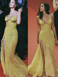 Niulatu Mermaid Straps Floor-length Sequin Yellow Slit Evening Dress Prom Dresses SD2053
