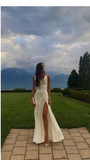 Niulatu Mermaid Spaghetti Straps Floor-length White Slit Evening Dress Prom Dresses SD2055