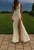 Niulatu Mermaid Spaghetti Straps Floor-length White Slit Evening Dress Prom Dresses SD2055