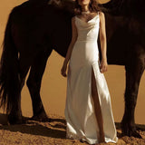 Niulatu Mermaid Spaghetti Straps Floor-length White Slit Evening Dress Prom Dresses SD2055