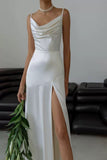 Niulatu Mermaid Spaghetti Straps Floor-length White Slit Evening Dress Prom Dresses SD2055