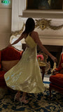 Niulatu A line Halter Tea Length Yellow Sequin Evening Dress Prom Dresses SD2058