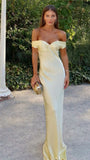 Niulatu Mermaid Off The Shoulder Yellow Satin Long Evening Dress Prom Dresses SD2063
