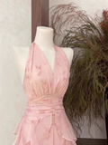 Niulatu A Line Halter Ruffled Floral Pink Long Women's Holiday Dresses SD206