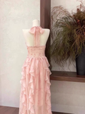 Niulatu A Line Halter Ruffled Floral Pink Long Women's Holiday Dresses SD206