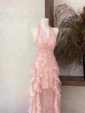 Niulatu A Line Halter Ruffled Floral Pink Long Women's Holiday Dresses SD206