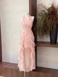 Niulatu A Line Halter Ruffled Floral Pink Long Women's Holiday Dresses SD206