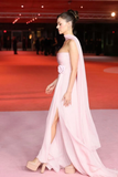 Niulatu A line Strapless Pink Chiffon Slit Long Evening Dress Prom Dresses SD2070