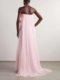 Niulatu A line Strapless Pink Chiffon Slit Long Evening Dress Prom Dresses SD2070