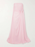 Niulatu A line Strapless Pink Chiffon Slit Long Evening Dress Prom Dresses SD2070