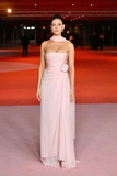Niulatu A line Strapless Pink Chiffon Slit Long Evening Dress Prom Dresses SD2070