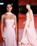 Niulatu A line Strapless Pink Chiffon Slit Long Evening Dress Prom Dresses SD2070