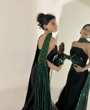 Niulatu Mermaid Strapless Black Satin Long Evening Dress Prom Dresses With Ribbon SD2071