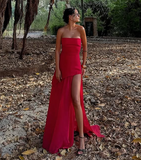 Niulatu A line Strapless White Chiffon Long Evening Dress Prom Dresses SD2072