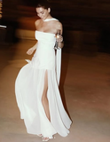 Niulatu A line Strapless White Chiffon Long Evening Dress Prom Dresses SD2072