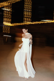 Niulatu A line Strapless White Chiffon Long Evening Dress Prom Dresses SD2072