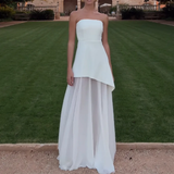 Niulatu A line Strapless White Chiffon Long Evening Dress Prom Dresses SD2072